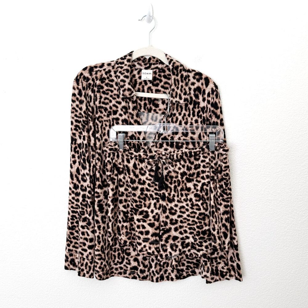 [Soma] Cool Nights Leopard Print Matching Pajama Set Long Sleeve Shorts Size M/L